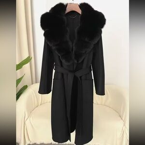 Long Fox Fur Wool Collar Jacket/Coat in Black